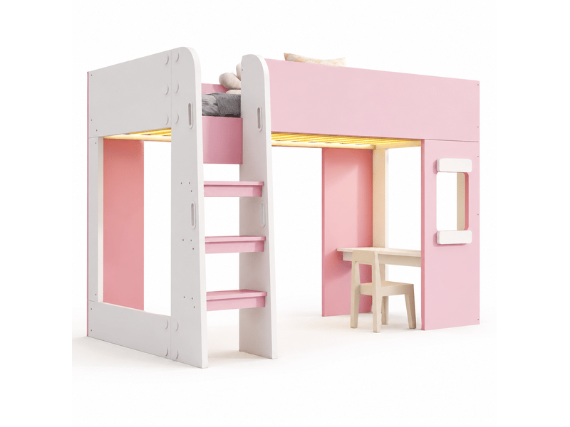 Lit mezzanine 90x200 cm avec bureau, led et échelle sécurisée coloris rose et blanc - Conforama A