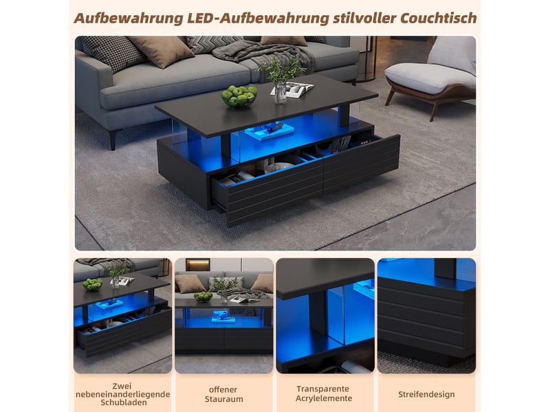  Table basse led noire - acrylique - led contrôlable via application - double couche de rangement 100x50x42cm - Conforama B