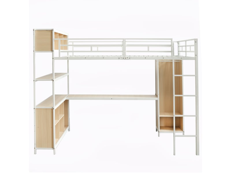  Lit mezzanine en fer, rangement double sous le bureau, lit supérieur avec rangement, avec armoire, fer et panneaux de particules, blanc et naturel, 140 x 200 cm  - Conforama D
