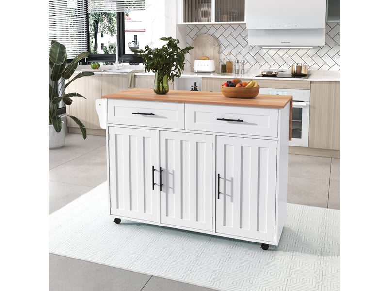  Buffet roulant blanc 129 cm - plateau bois rabattable, portes, roulettes - meuble cuisine pratique  - Conforama E