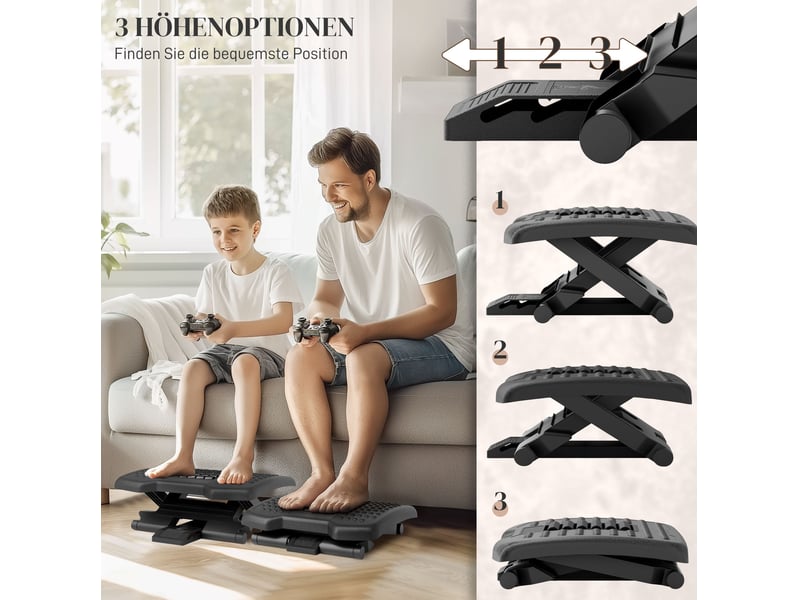 Repose-pieds ergonomique réglable 46x35 cm – noir – massage, 3 hauteurs et inclinaison ajustable - Conforama E