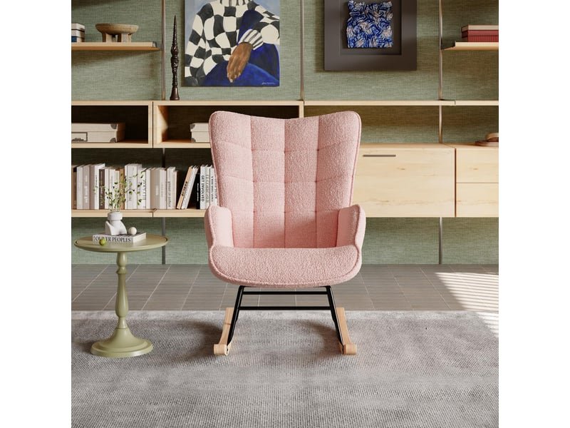  Fauteuil à bascule - 75x68x92cm - rocking chair en tissu bouclette avec dossier capitonnée et pieds en bois - rose  - Conforama C