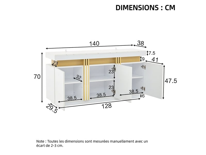 Buffet blanc moderne meuble de rangement 3 portes plateau effet marbre 140cm  - Conforama C