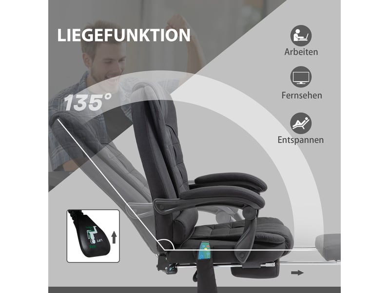  Fauteuil de bureau massant chauffant noir en tissu, inclinable à 135° avec repose-pieds et télécommande intégrée  - Conforama E