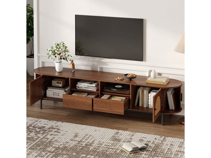 Meuble tv ovale noyer 200 cm en mdf et rotin, avec portes coulissantes et pieds en métal  - Conforama B