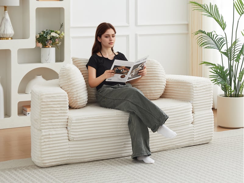 Canapé droit modulable 4-en-1, petit espace, sofa demi-cercle ou lit de jour rond, 2 ronds + 1 carré, beige - Conforama B