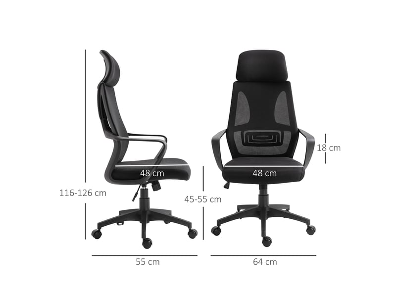  Chaise bureau ergonomique, fauteuil de bureau en maille, appui-tête, hauteur réglable, noir, 64 x 55 x 116-126 cm  - Conforama C