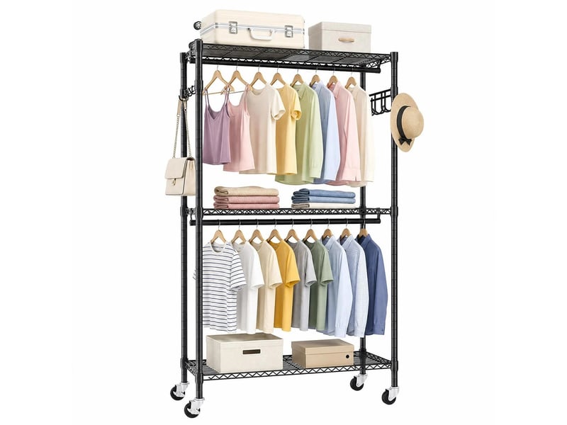 Porte-manteau noir avec roulettes - dressing ouvert mobile en métal avec 3 étagères, 2 barres et crochets - Conforama E
