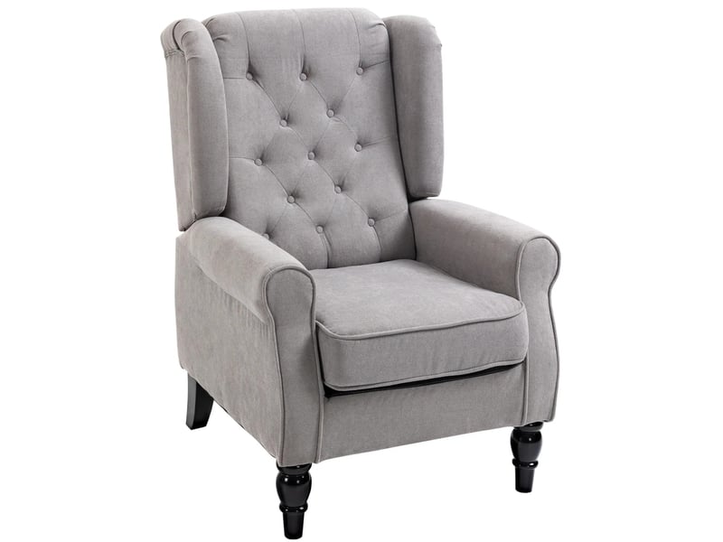  Fauteuil oreille 74x86x102 cm, avec boutons décoratifs, gris, coussin d’assise épais, bois, pieds robustes en bois  - Conforama A