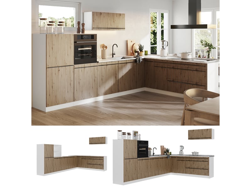 Vicco cuisine en angle, chêne artisanblanc, 327 x cm plan de travail anthracite - Conforama D