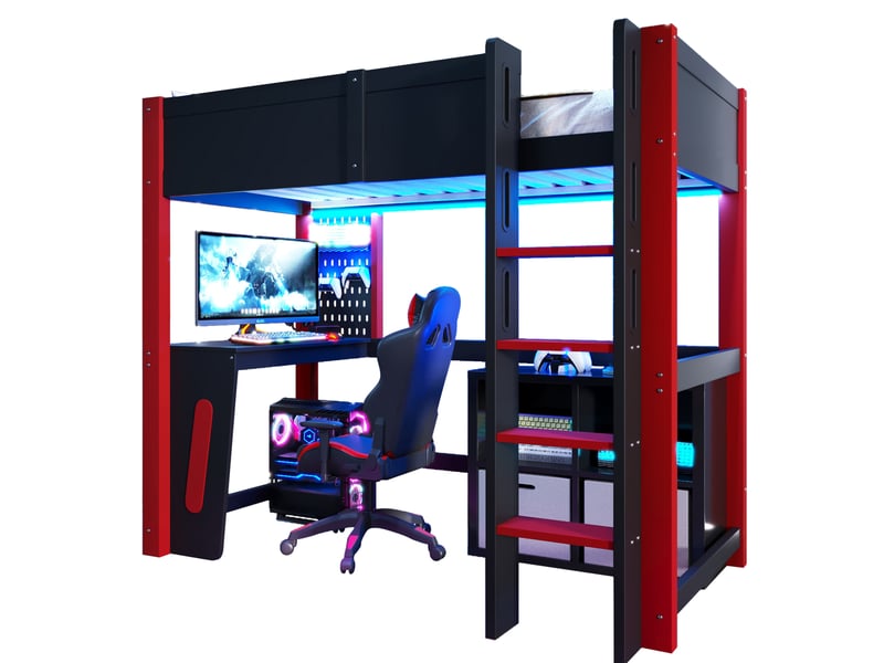  Lit mezzanine 90x200 cm en pin et mdf noir avec bureau, panneau perforé et led  - Conforama A