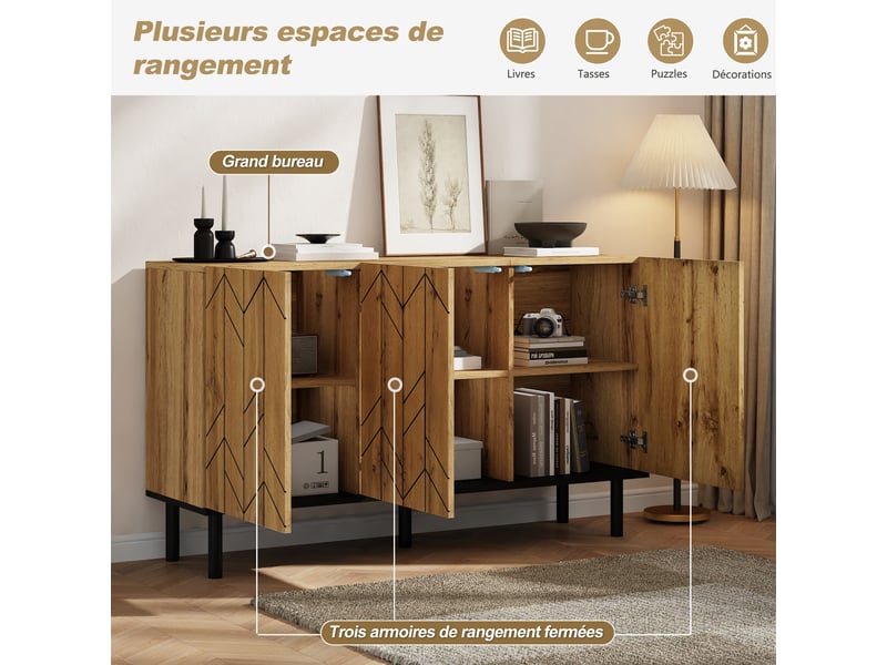 Buffet moderne bois naturel meuble de rangement 3 portes 120 cm motif vague  - Conforama D