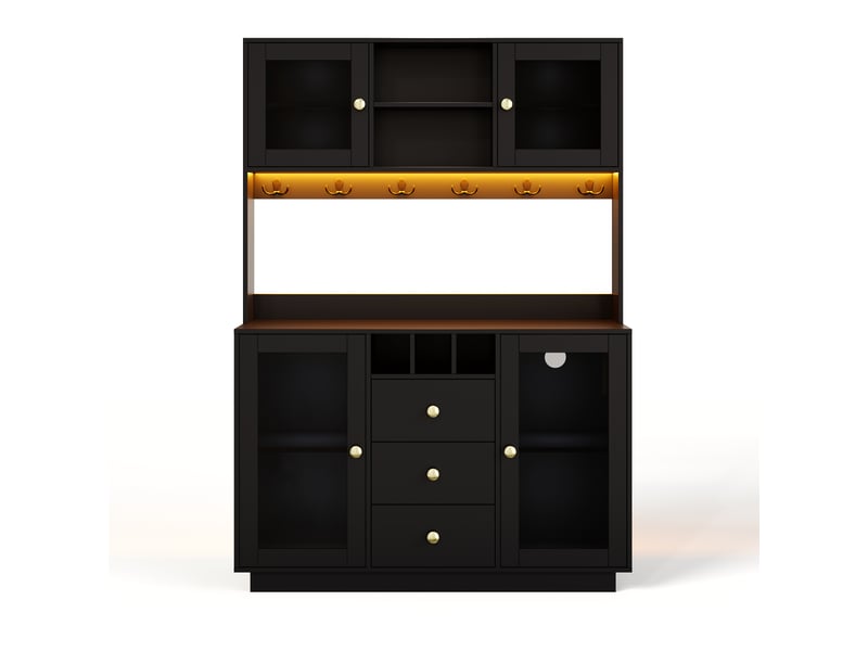 Meuble de cuisine muvano, buffet haut de cuisine noir avec prises et éclairage led, 120 × 40 × 170 cm  - Conforama A