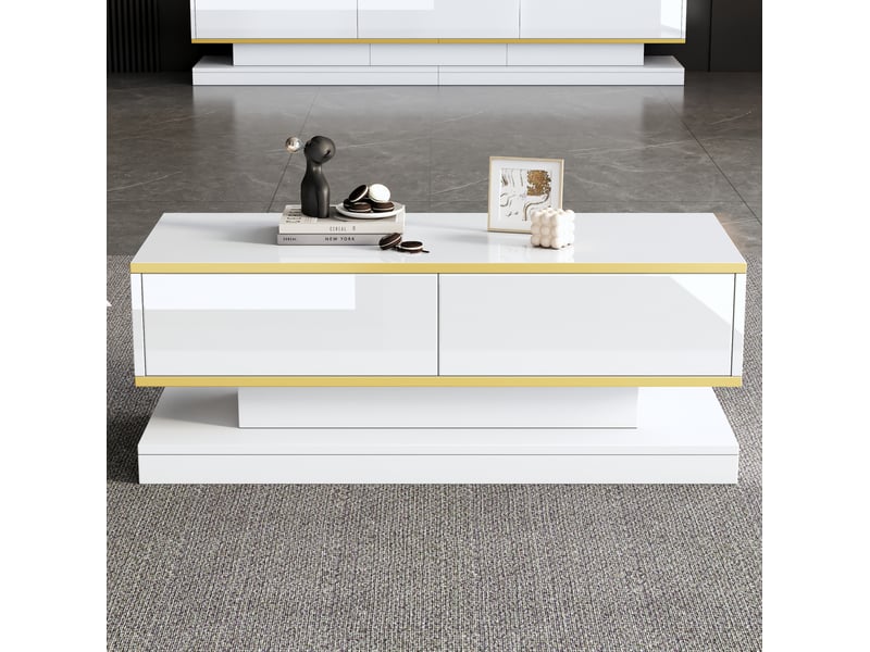  Lot de 2 : meuble tv et table basse blanc chaud brillant et doré  - Conforama C