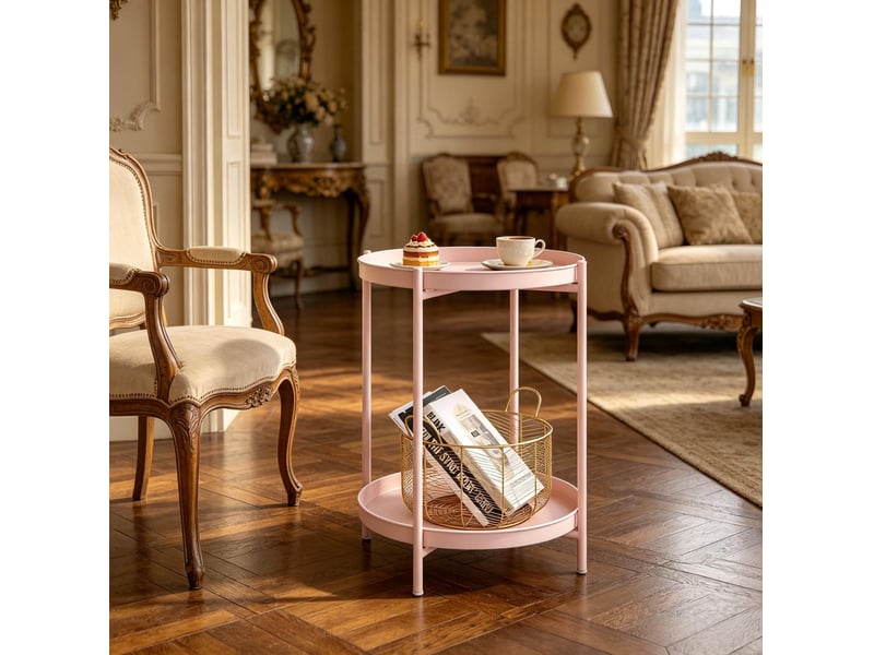  Table d’appoint ronde en métal rose – 2 plateaux amovibles – ø 44 x h 53 cm  - Conforama B