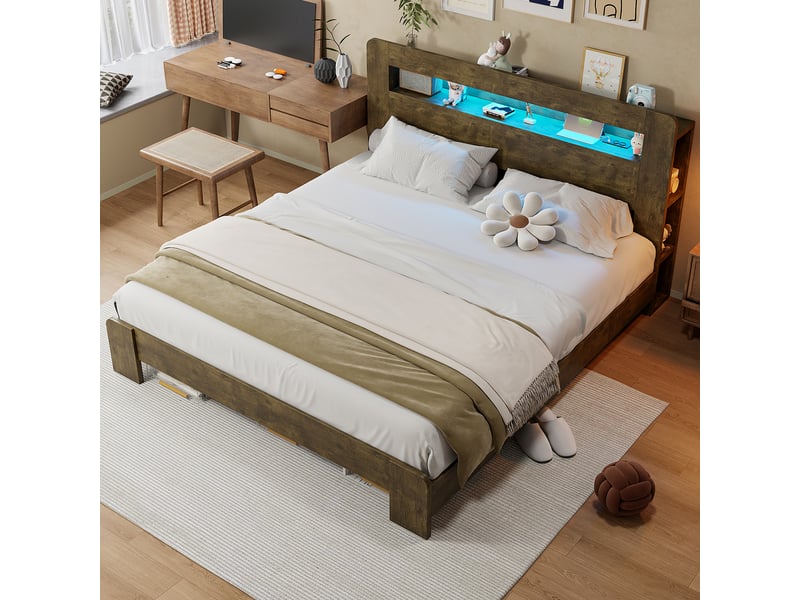  Lit 180x200 cm effet bois naturel, tête de lit avec rangement, led et prises intégrées Fay Lum - Conforama B