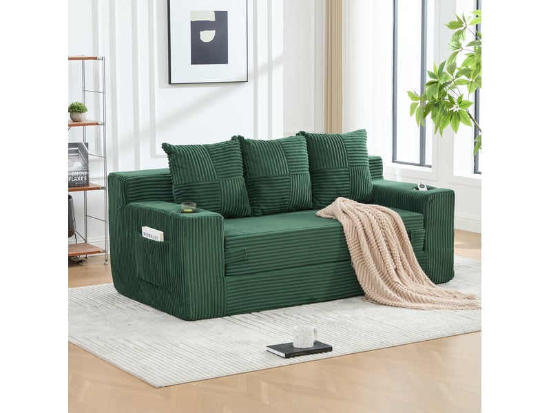 Canapé modulaire 3 places sans cadre avec porte-gobelets et poches latérales, en velours côtelé vert émeraude - Conforama E