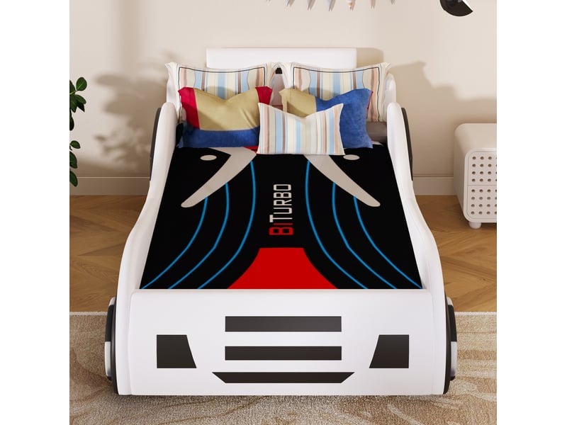  Lit voiture enfant modenvie 90 x 200 cm avec sommier à lattes et rangement hydraulique blanc  - Conforama D