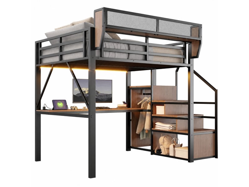Lit mezzanine 140 x 200 cm en métal avec bureau, led et rangements, noir - Conforama A
