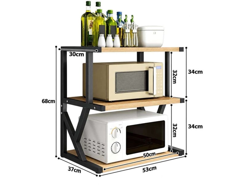  Étagère micro-ondes cuisine 3 niveaux 53x37x68 cm en métal et bois – noir  - Conforama B