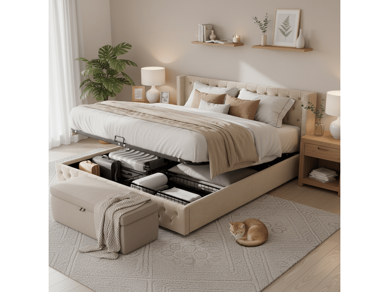 Lit coffre rembourré 160x200 cm avec rangement hydraulique, lit double en velours avec tête de lit à oreilles, capitonnage et doubles clous, beige OPULERANE TRADING LTD - Conforama E