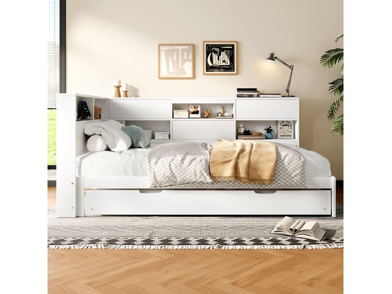 Lit combiné 90x200 cm, bois et en mdf, lit gigogne, rangements en tête de lit, coloris blanc, sans matelas - Conforama D