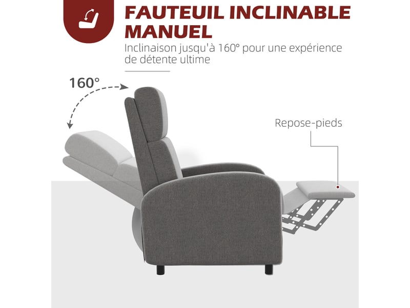  Fauteuil relax inclinable jusqu'à 160° manuellement avec repose-pieds intégré, grand confort, charge max. 120kg, gris  - Conforama E