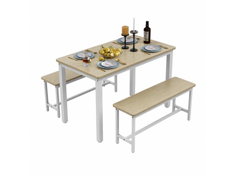  Ensemble table et bancs - 110x60x76 cm - set repas 3 pièces style scandinave et cadre métal - bois clair et blanc  - Conforama A