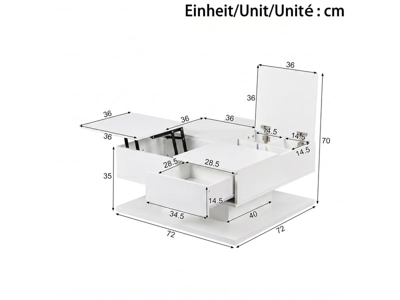  Table basse relevable 72x72 cm – blanche – led app, rangement à clapet et 2 tiroirs haute brillance  - Conforama C