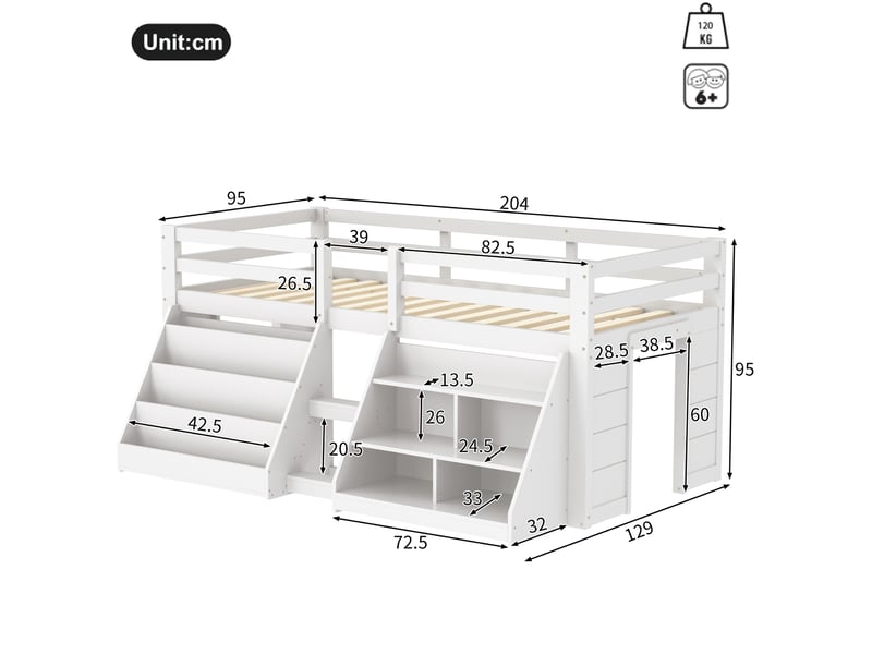  Lit mezzanine 90x200 cm avec rangements, échelle, led, en bois, blanc, sans matelas  - Conforama C