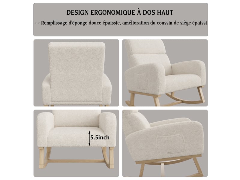  Fauteuil à bascule - 69.2x78.5x87cm - chaise en tissu bouclé teddy, berçante moderne avec poches latérales - beige  - Conforama D