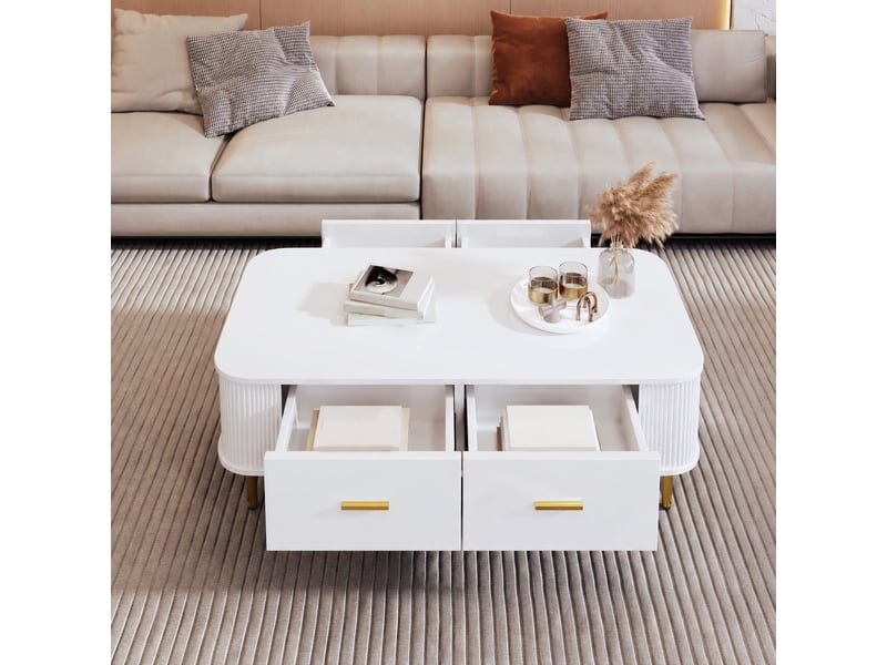  Table basse blanche en mdf avec 4 tiroirs et côtés ondulés, 105 x 51 x 38 cm  - Conforama B