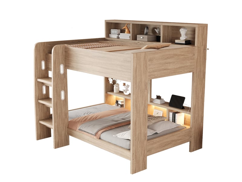  Lit superposé 90x200 cm, 2 couchages, casiers, led, prises, échelle, mdf, bois naturel, sans matelas  - Conforama A