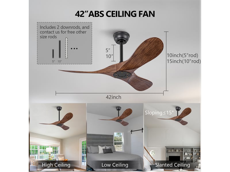  Ventilateur de plafond 42 sans éclairage, moteur dc silencieux réversible, 6 vitesses, télécommande, noir et noyer foncé  - Conforama E