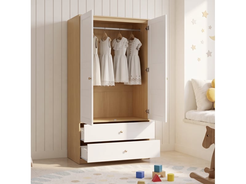  Armoire 2 portes modenvie 100 x 48 x 180 cm avec 2 tiroirs et tringle mdf blanc et naturel  - Conforama B
