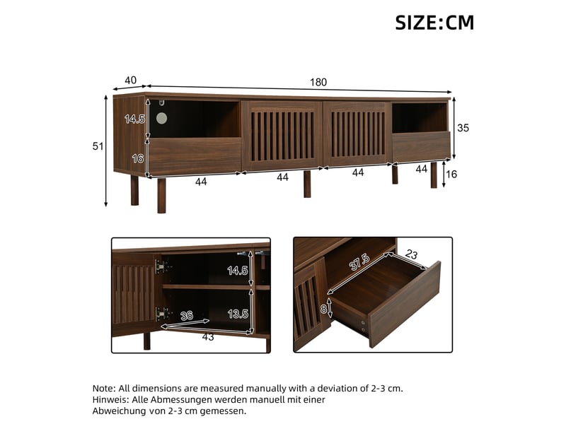  Meuble tv de salon 180x40x51 cm avec 2 portes à grille et 2 tiroirs de rangement, en mdf, teinte noyer, design simple  - Conforama C