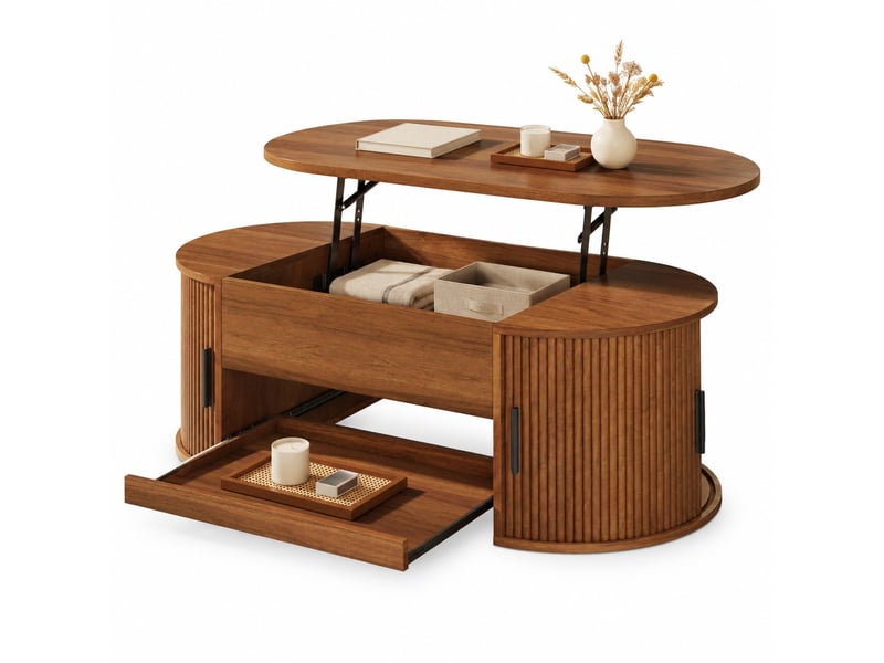Table basse relevable avec rangement caché, portes coulissantes et tablette pour salon, mdf noyer, 110 × 55 × 55 cm - Conforama A