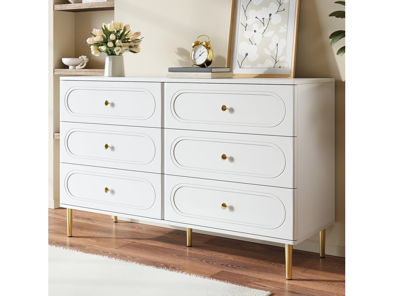 Buffet bas blanc 6 tiroirs avec pieds et poignées en métal, 120 x 40 x 75 cm - Conforama B