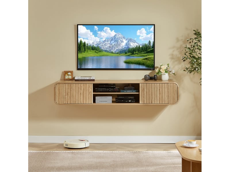  Meuble tv mural suspendu avec 2 portes, 2 niches ouvertes et passe-câbles pour salon, naturel, 160 × 38 × 30 cm  - Conforama D