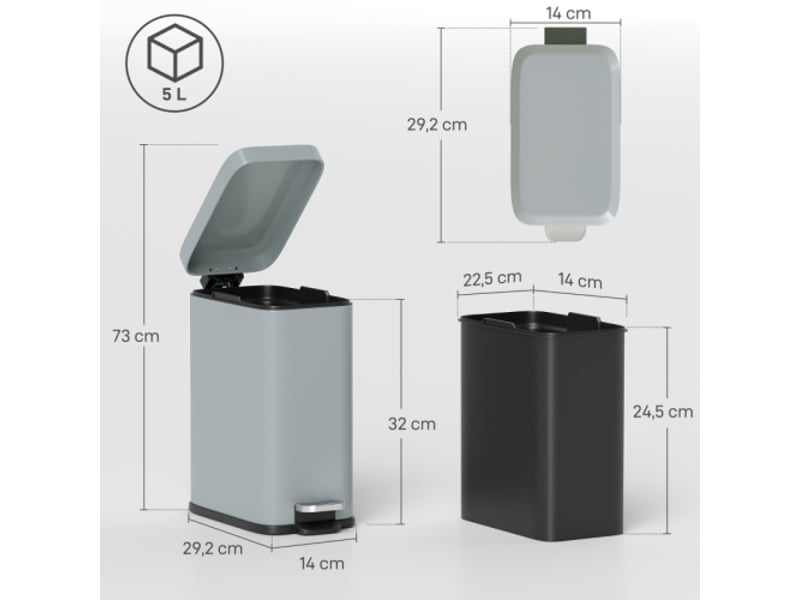  Poubelle à pédale grise 5 l en métal avec bac intérieur, compacte et pratique  - Conforama C