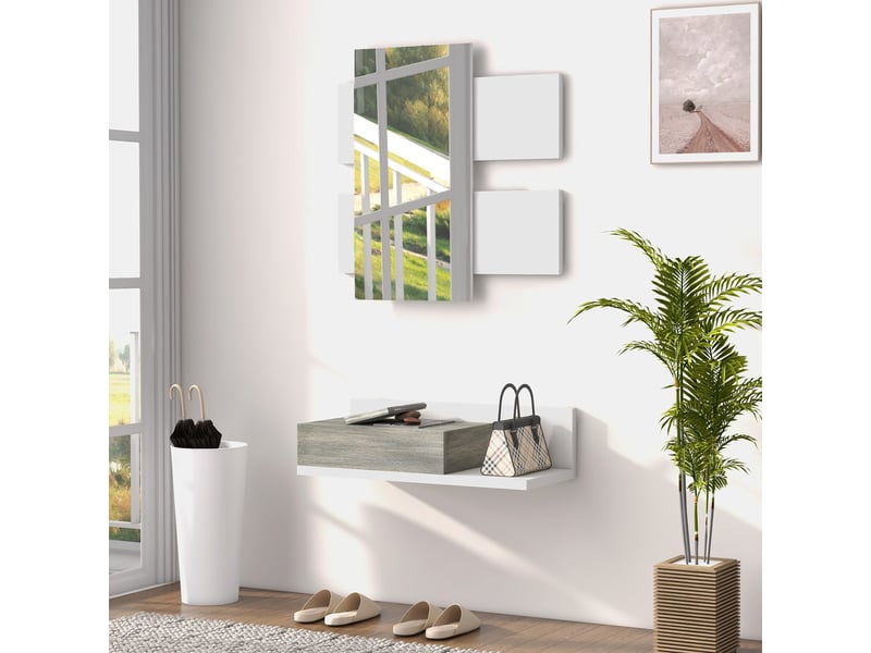  Ensemble de meubles d'entrée, console suspendue avec miroir et tiroir, 75 x 3,5 x 75 cm et 75 x 30,5 x 20 cm, blanc et gris  - Conforama C
