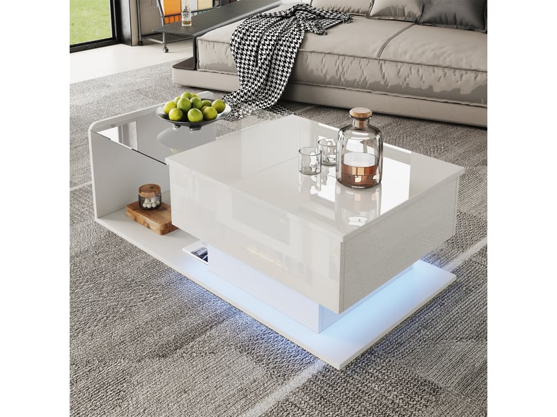  Table basse relevable 100x50x33-47,5 cm avec plateau en verre trempé, finition laquée uv brillante, panneau de particules, blanc  - Conforama W