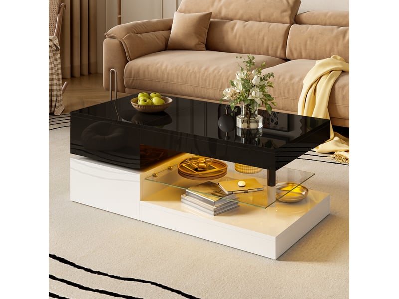  Table basse rectangulaire 90x45x35,5 cm avec led, étagère en verre, design contrasté noir et blanc, salon, aggloméré  - Conforama B