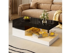 Table basse rectangulaire 90x45x35,5 cm avec led, étagère en verre, design contrasté noir et blanc, salon, aggloméré