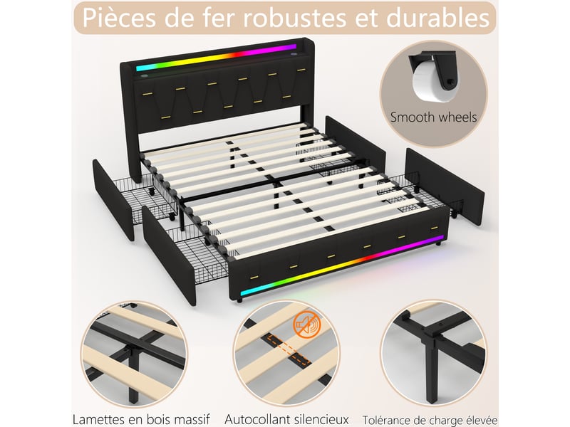  Lit 160x200 cm noir avec rangement, led, 4 tiroirs,ports usb+type-c sans matelas EBD855Q-BK - Conforama W