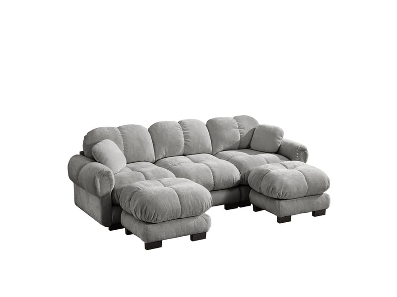  Canapé modulable modenvie 3 places en u avec ottomane mobile et 2 coussins décoratifs, tissu chenille gris clair 260 x 149 x 90 cm  - Conforama A