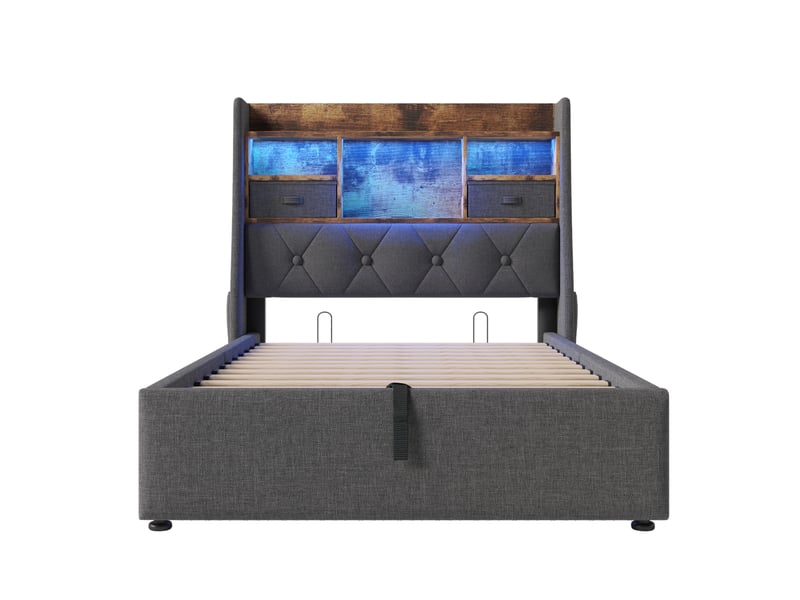  Lit rembourré, lit enfant 90x200 cm, rangement hydraulique, led, usbusb-c, sommier à lattes, matelas inclus, lin gris  - Conforama B