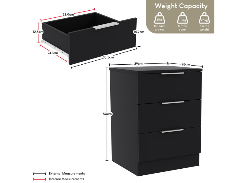  Table de chevet trega 3 tiroirs, commode de nuit, chambre, set de 2, 50x39x28cm, noir 3332103 - Conforama D