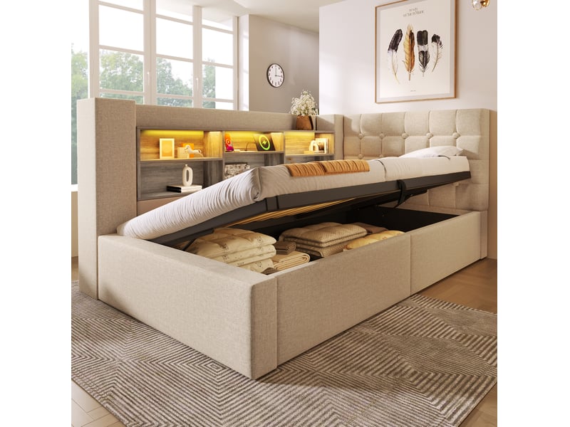  Lit 90x190 cm avec led, rangement hydraulique, tête de lit l réversible, bois, métal, beige sans matelas  - Conforama B