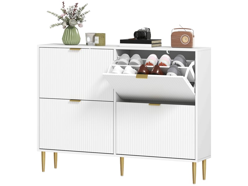 Meuble à chaussures étroit blanc, 4 portes cannelées, étagères réglables, 20 paires, 105 x 24 x 91,5 cm - Conforama B